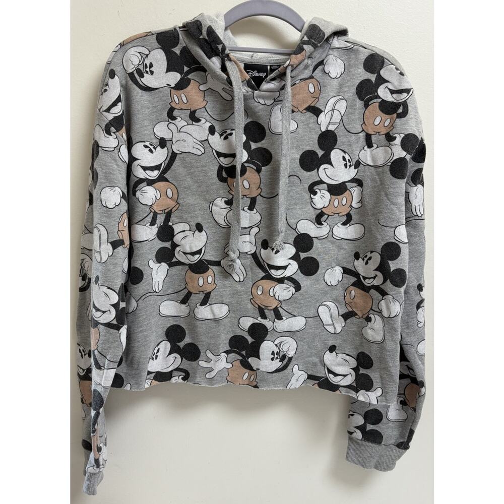 Disney Mickey Mouse Hoodie Women's Medium Gray Cropped Pullover Sweatshirt